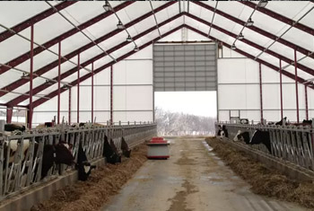 Dairy facility using fabric building with center drive